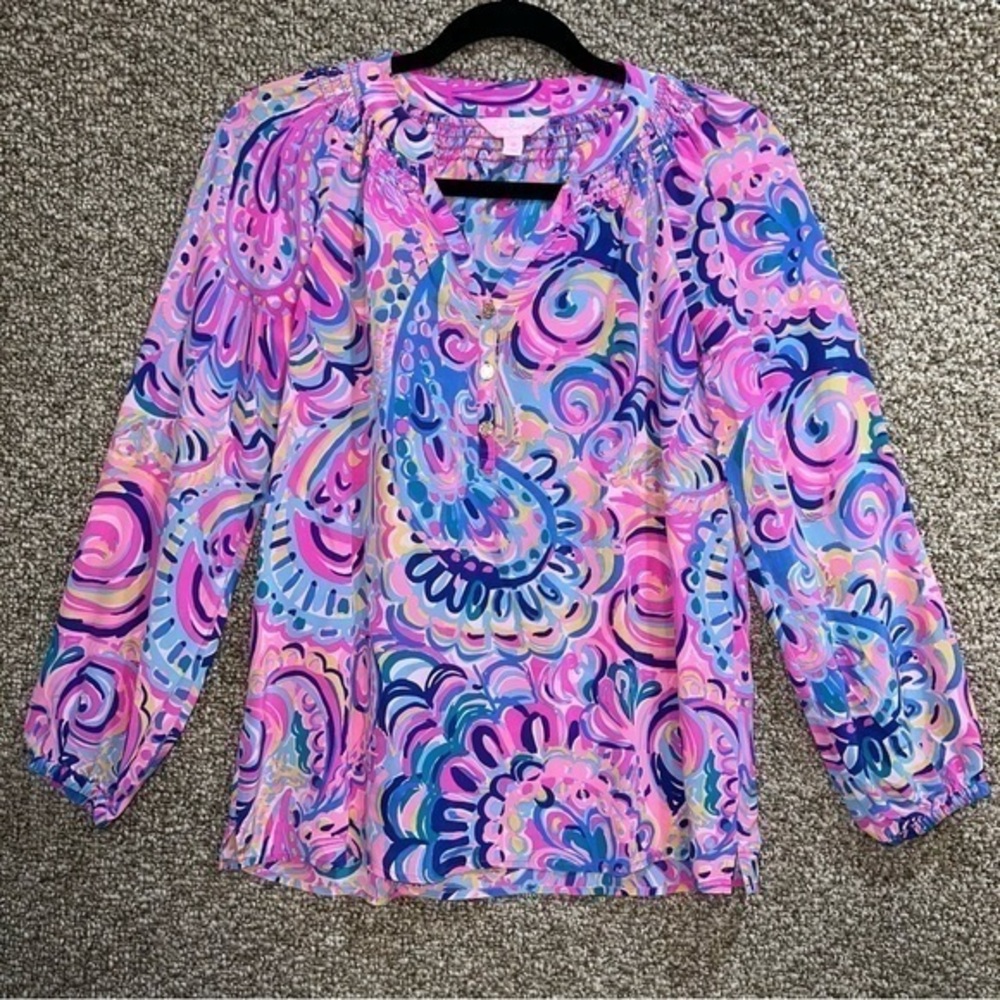 Lilly Pulitzer 100% Silk Elsa Blouse Psychedelic Sunshine Size XS